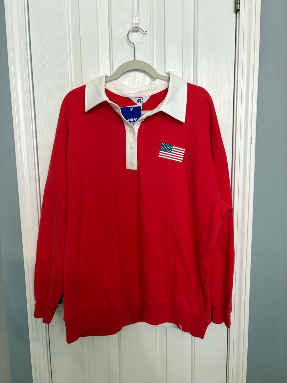 NWT JoyLab Women's Americana French Terry Polo Sweatshirt Red USA Flag S, M - Picture 5 of 10